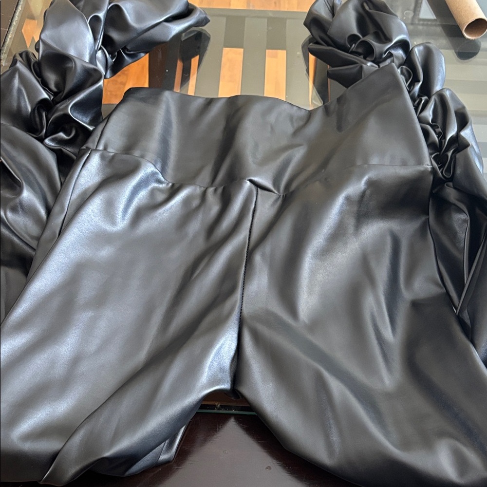Black Faux Leather Stacked Leggings
